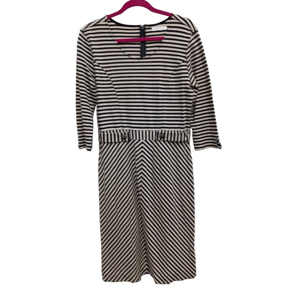 DownEast Midi Dress Womens Medium Black Ivory Striped 3/4‎ Sleeve Office Carrier